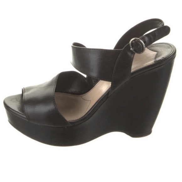 Coa Prada Calzature Donna asymmetrical black leather wedge sandal size 36 - Picture 1 of 4